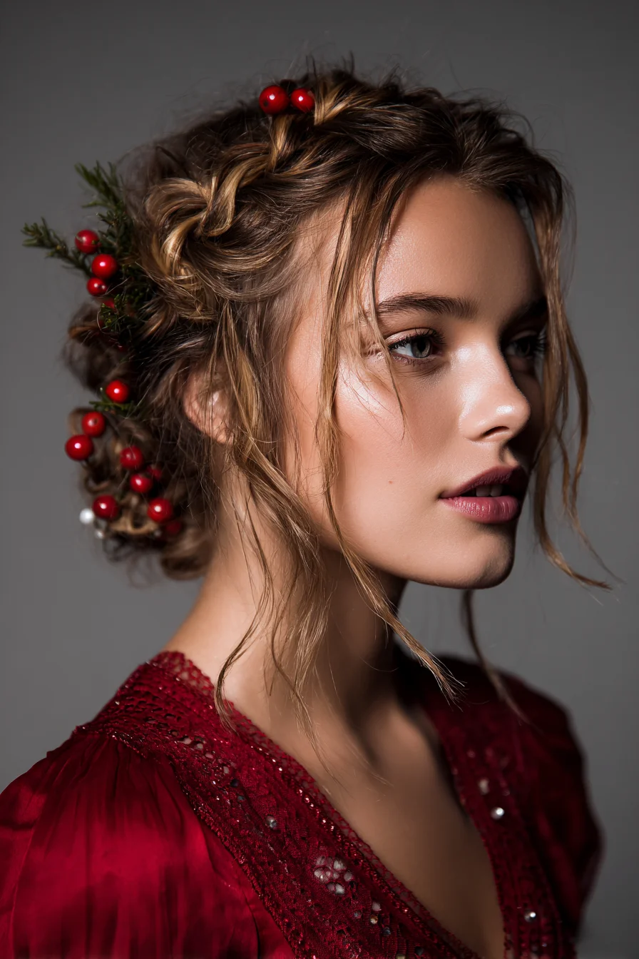 Textured Crown Braid Updo with Loose Face‑Framing Tendrils and Berry Accents