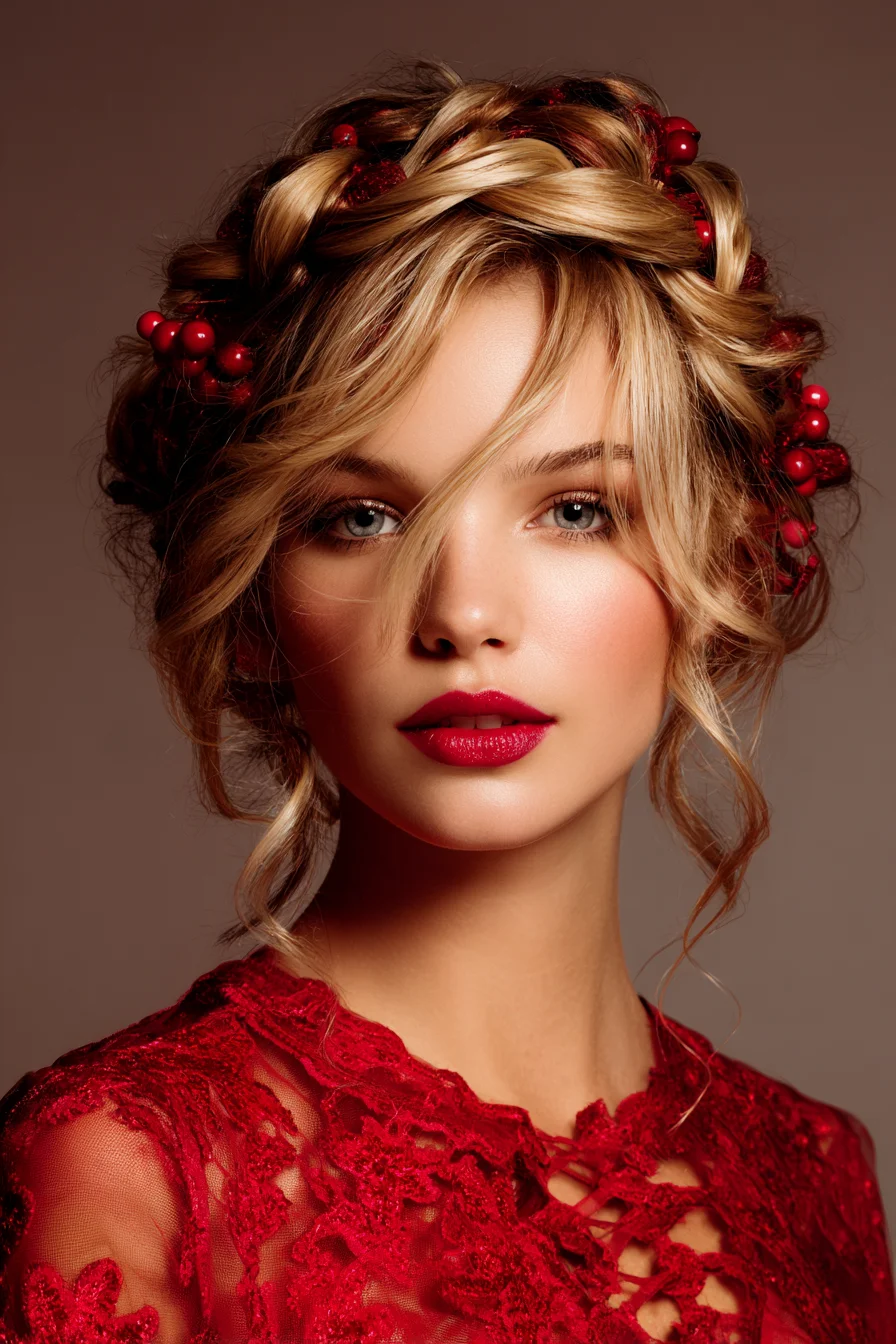 Textured Crown Braid Updo with Soft Face-Framing Tendrils