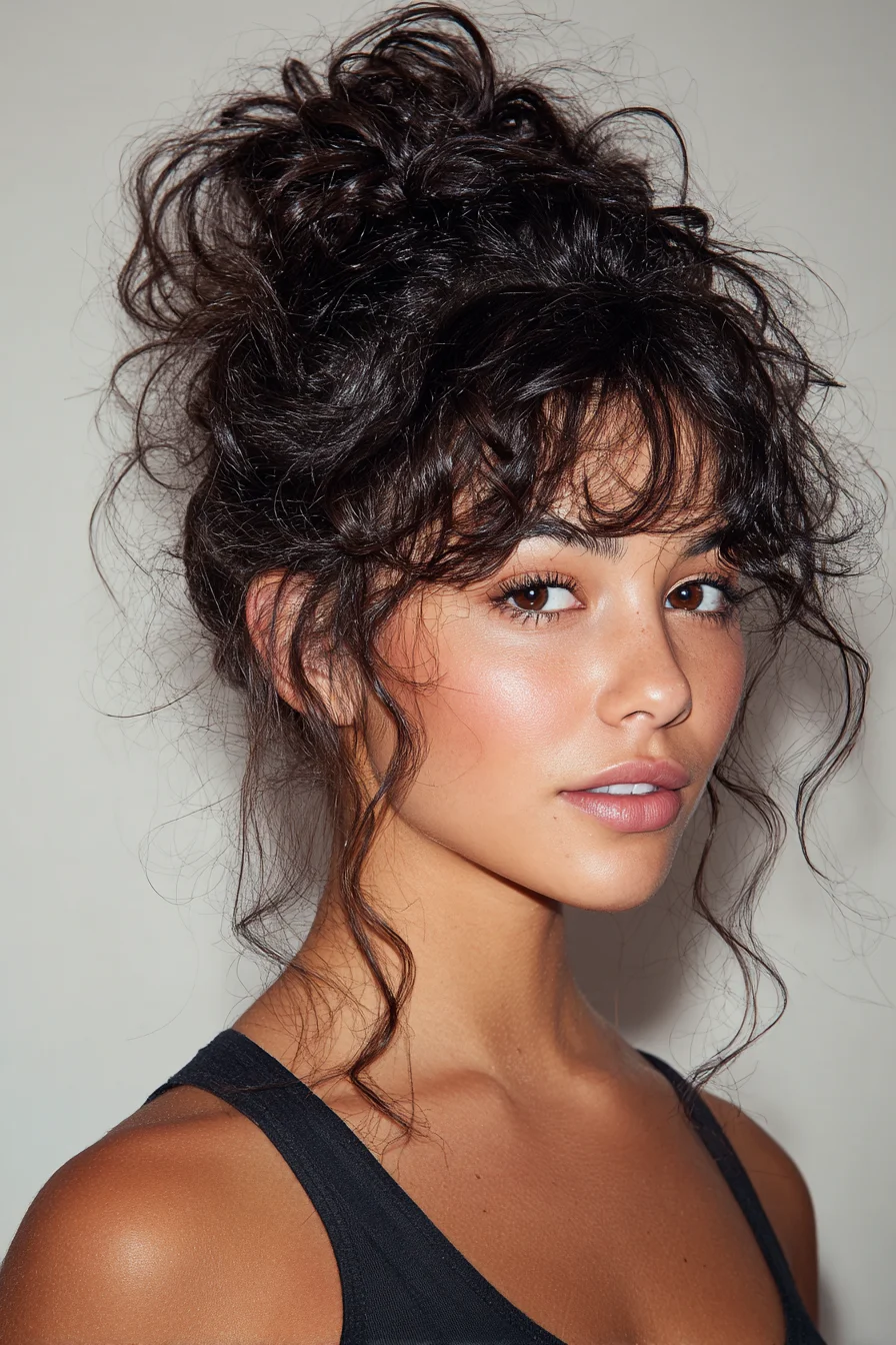 Textured Curly High Bun with Face‑Framing Tendrils and Curtain Bangs