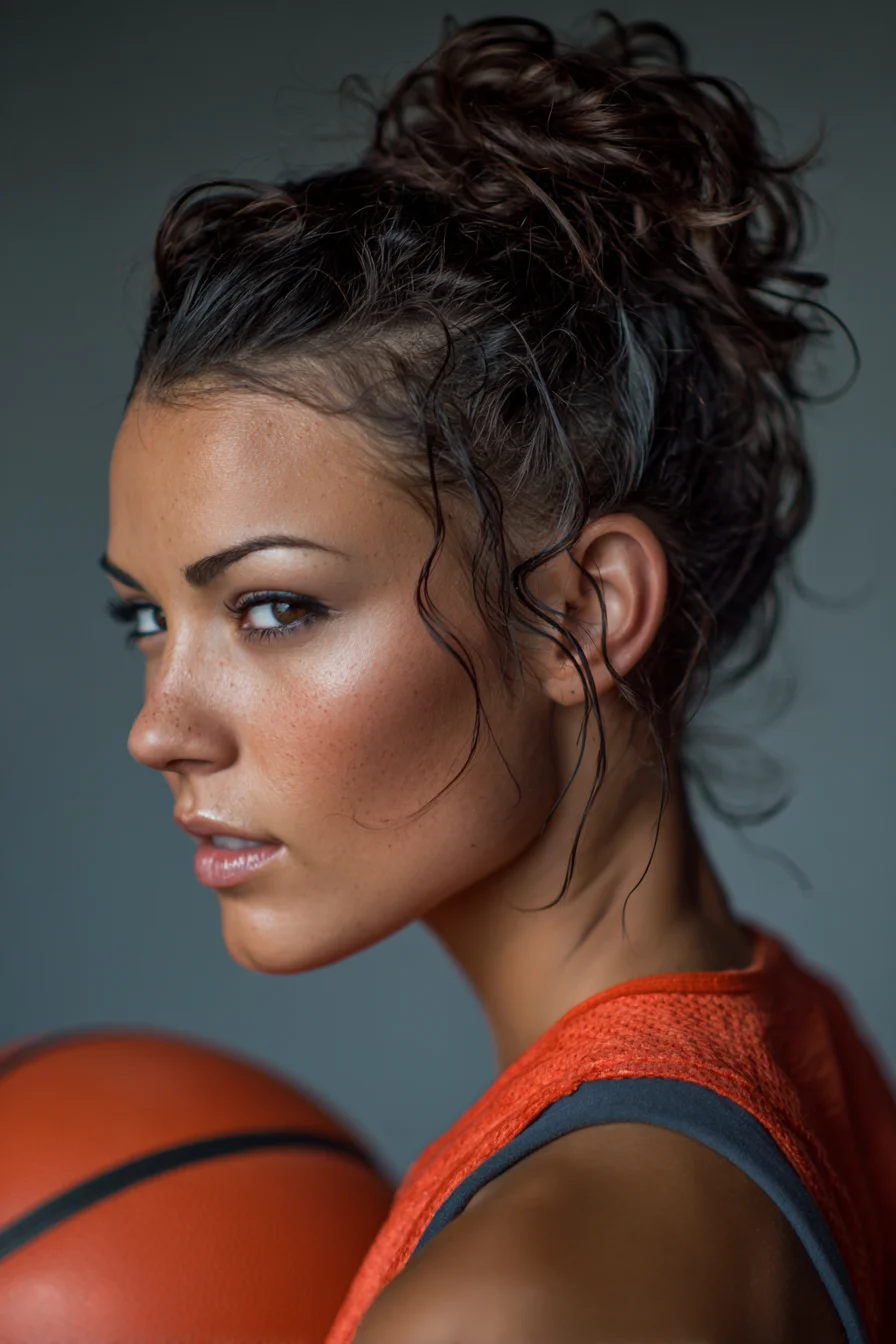 Textured Curly High Messy Bun with Face‑Framing Tendrils