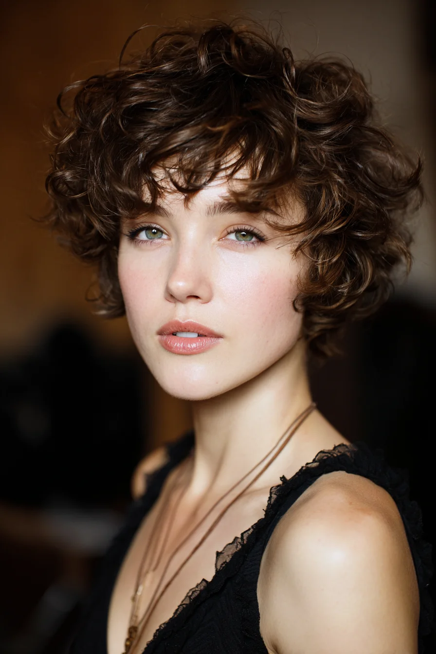 Textured Curly Pixie Crop with Soft Fringe