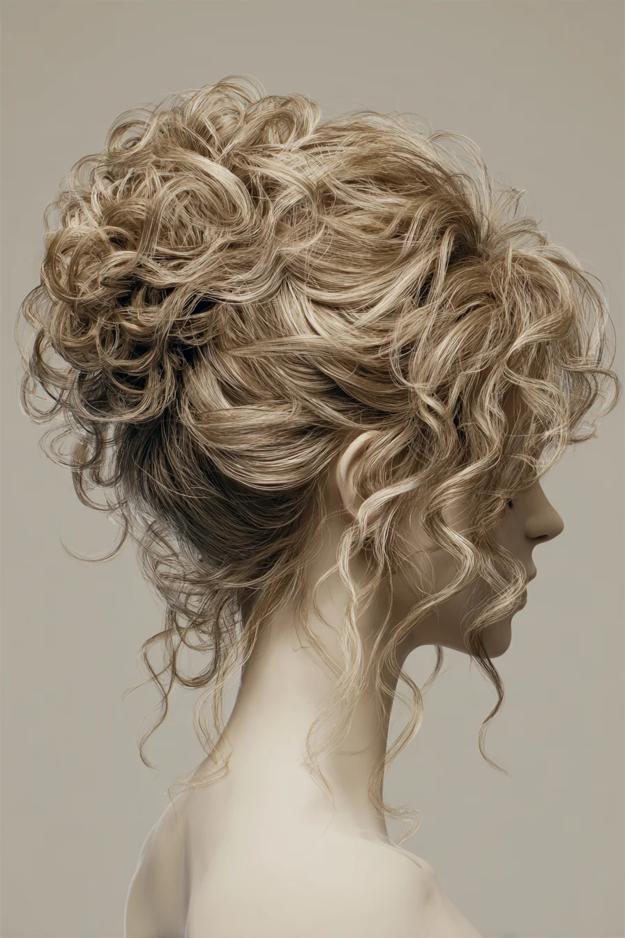 Textured Curly Updo with Face‑Framing Tendrils
