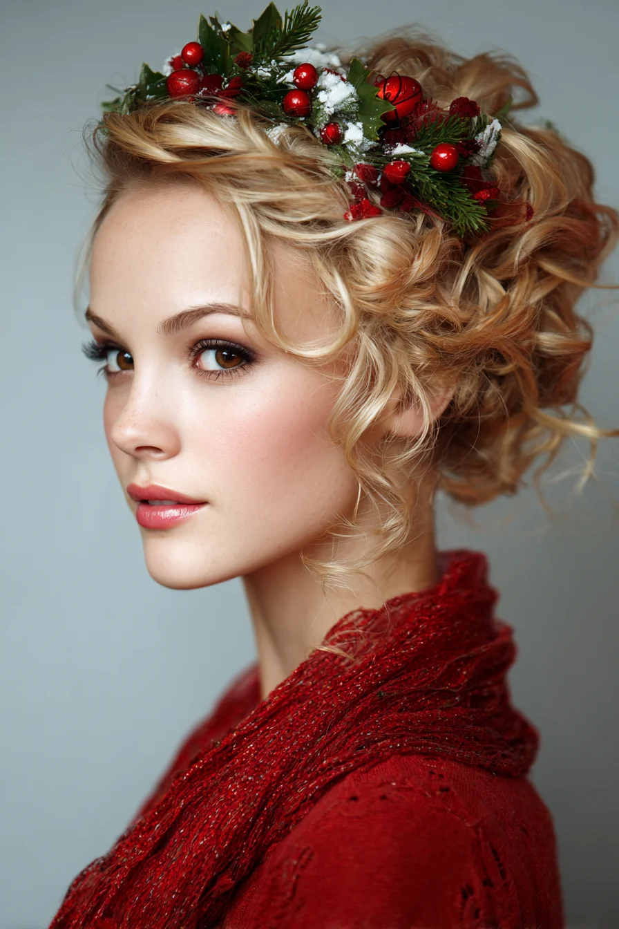 Textured Curly Updo with Festive Floral Crown