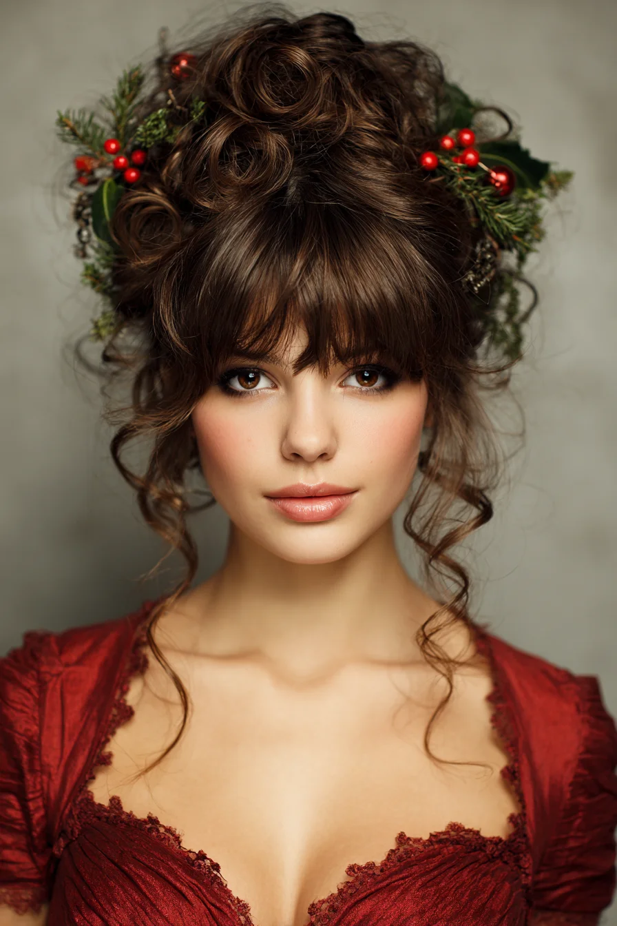 Textured Curly Updo with Wispy Bangs and Natural Floral Accents