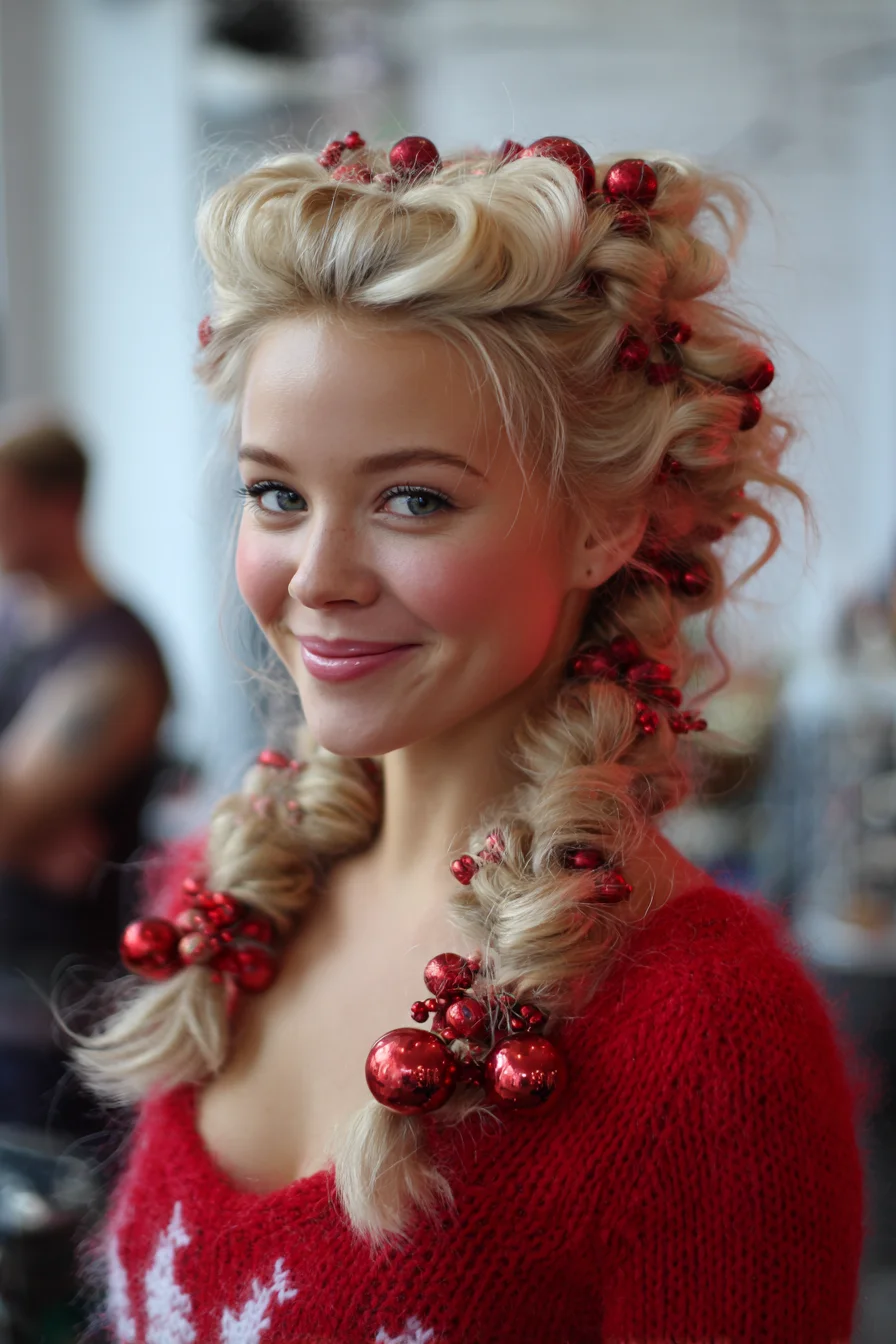 Textured Double Braids with Voluminous Crown and Festive Baubles