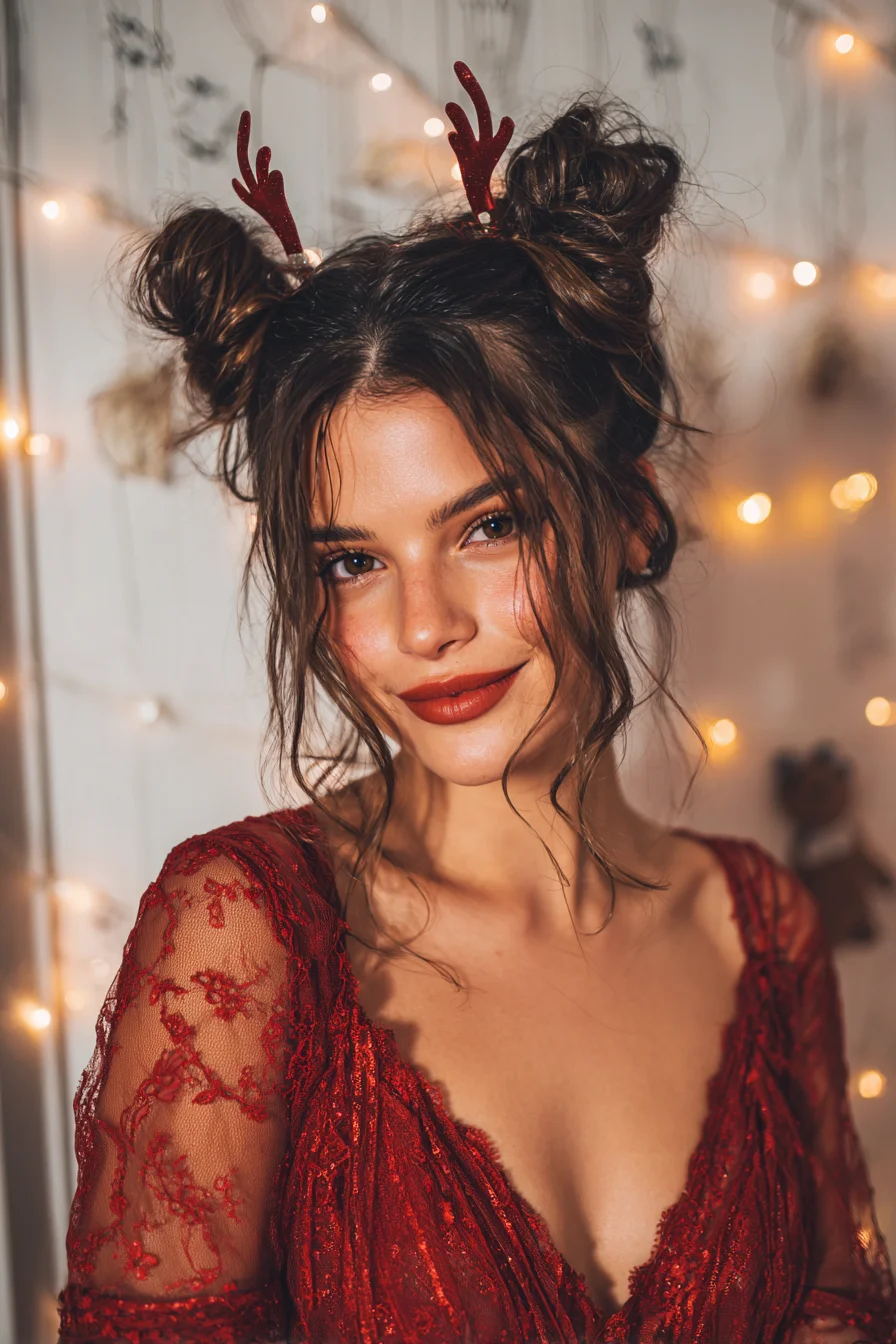 Textured Double Space Buns with Face‑Framing Waves — Messy Holiday Updo