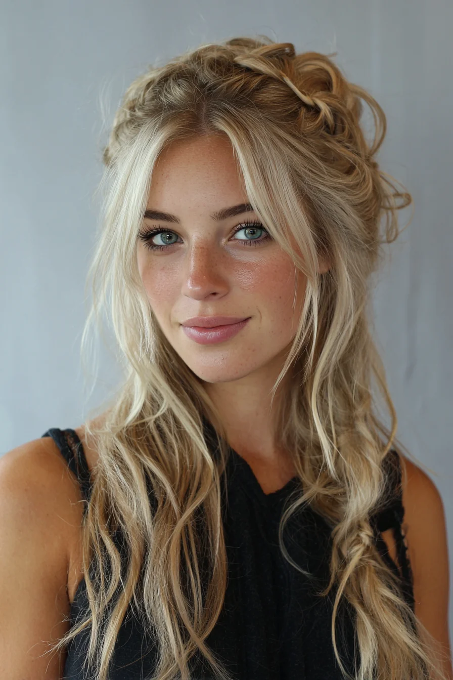 Textured Half-Up Braided Crown with Loose Beach Waves