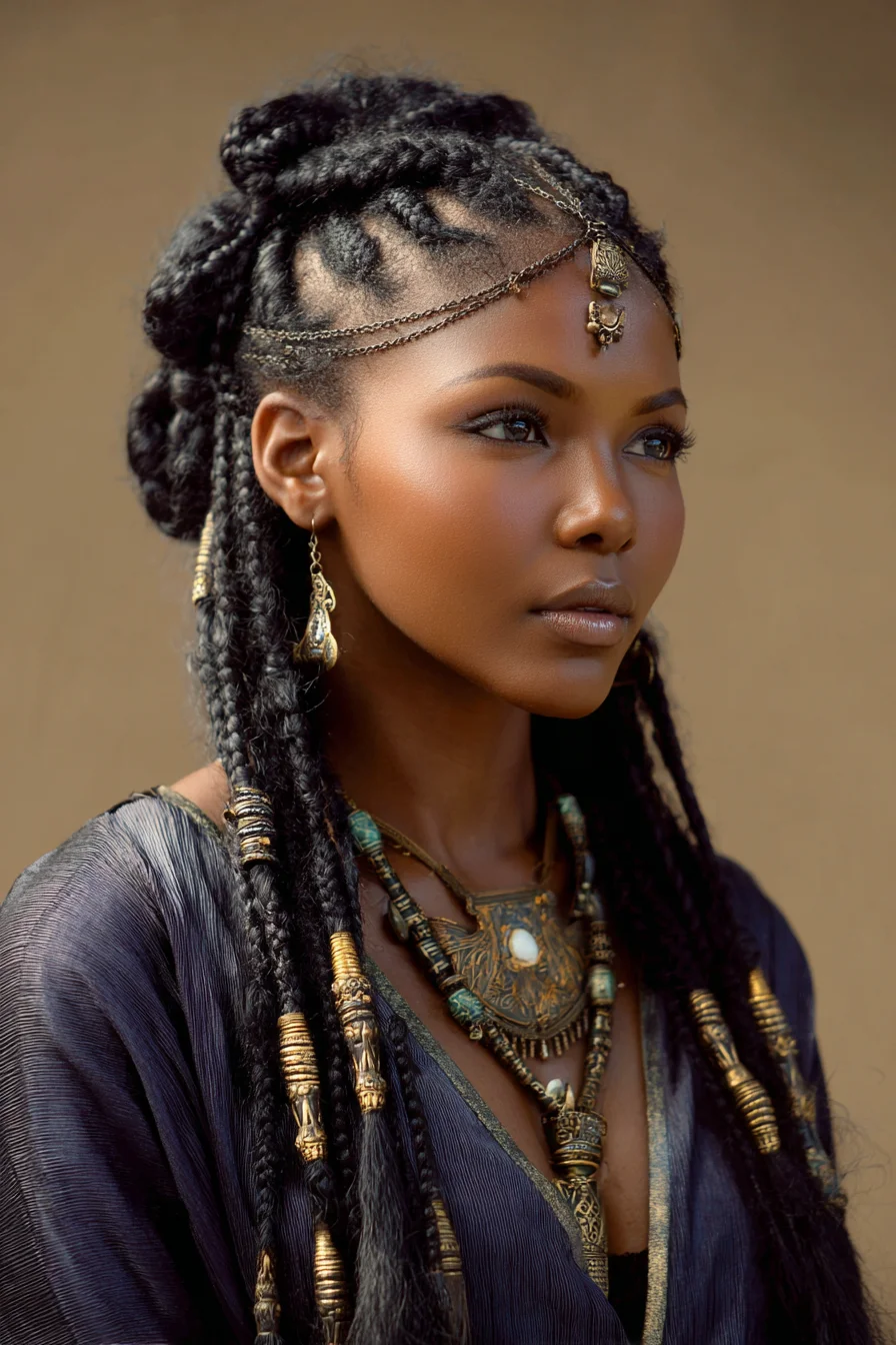 Textured Half-Up Braided Updo with Cornrows and Gold Hair Cuffs