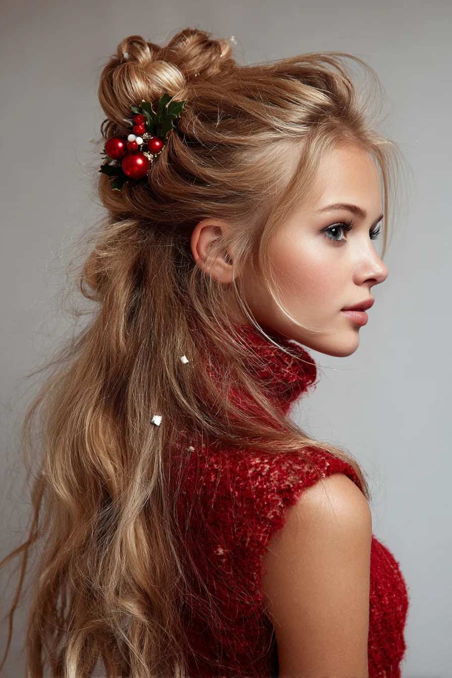 Textured Half-Up Messy Bun with Festive Pin