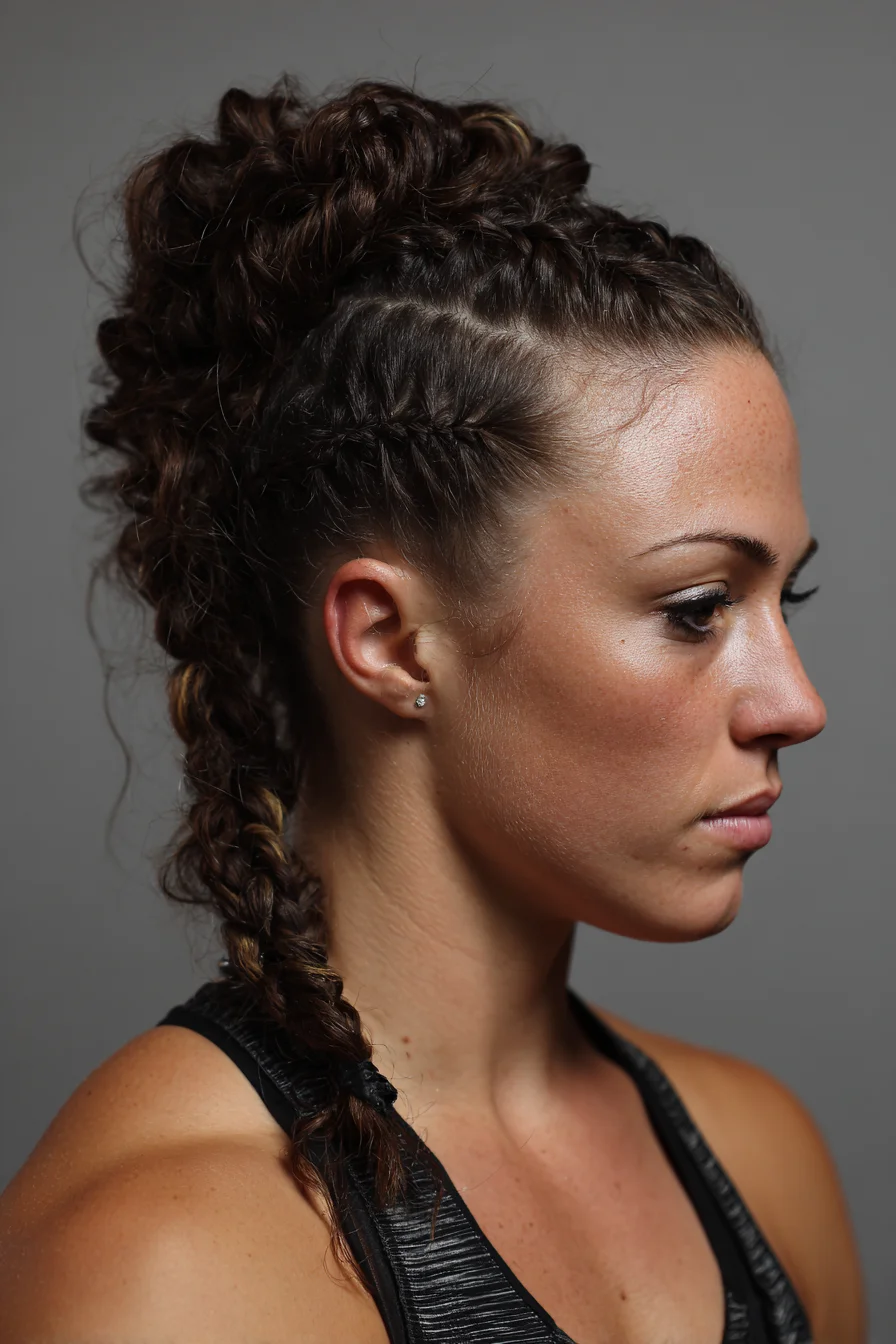 Textured High Braided Updo with Side Cornrows and Curly Top
