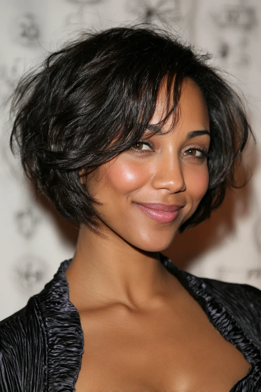 Textured Layered Chin-Length Bob with Side-Swept Fringe