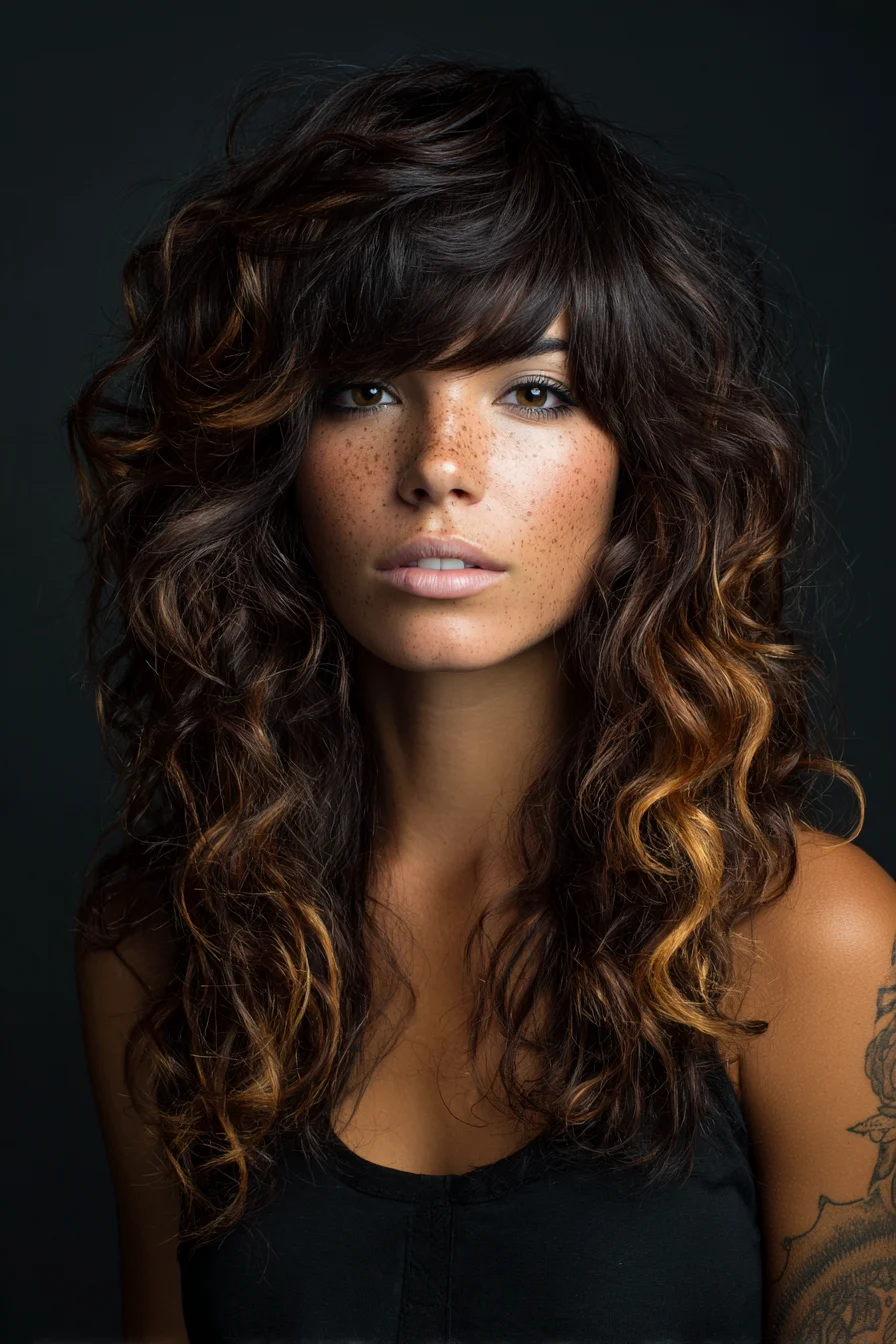 Textured Layered Shag with Curtain Bangs and Warm Balayage
