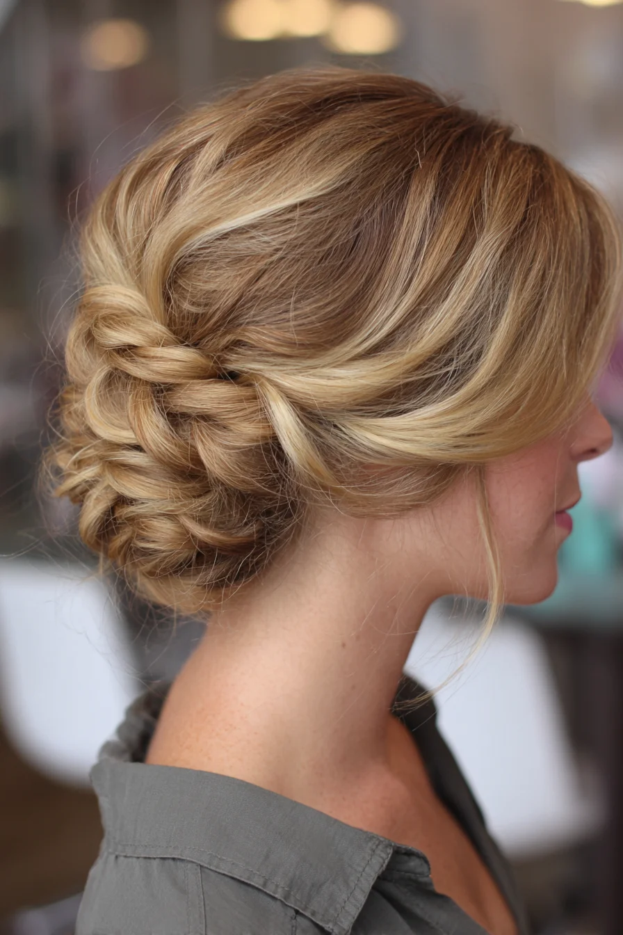 Textured Low Braided Bun with Loose Face‑Framing Pieces