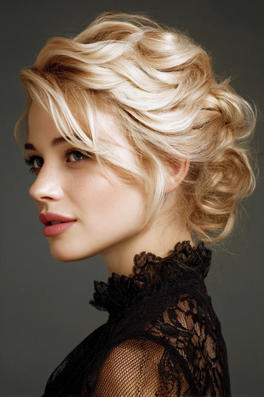 Textured Low Chignon Updo with Face‑Framing Layers