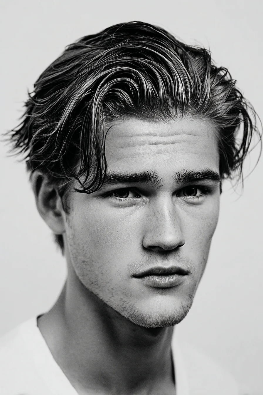 Textured Medium-Length Men’s Cut with Curtain Fringe and Tapered Sides