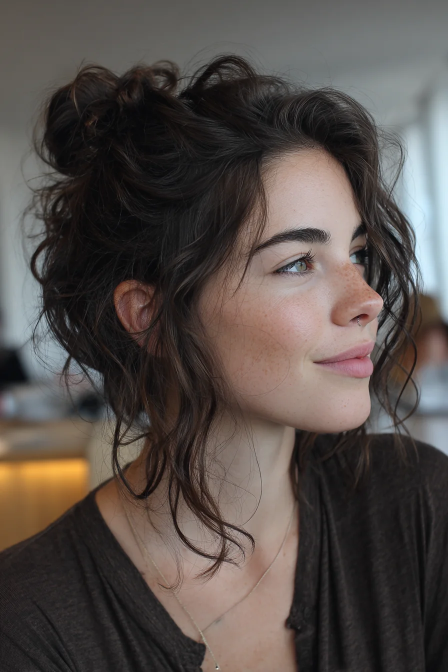 Textured Messy Bun with Face-Framing Waves for Wavy/Curly Hair