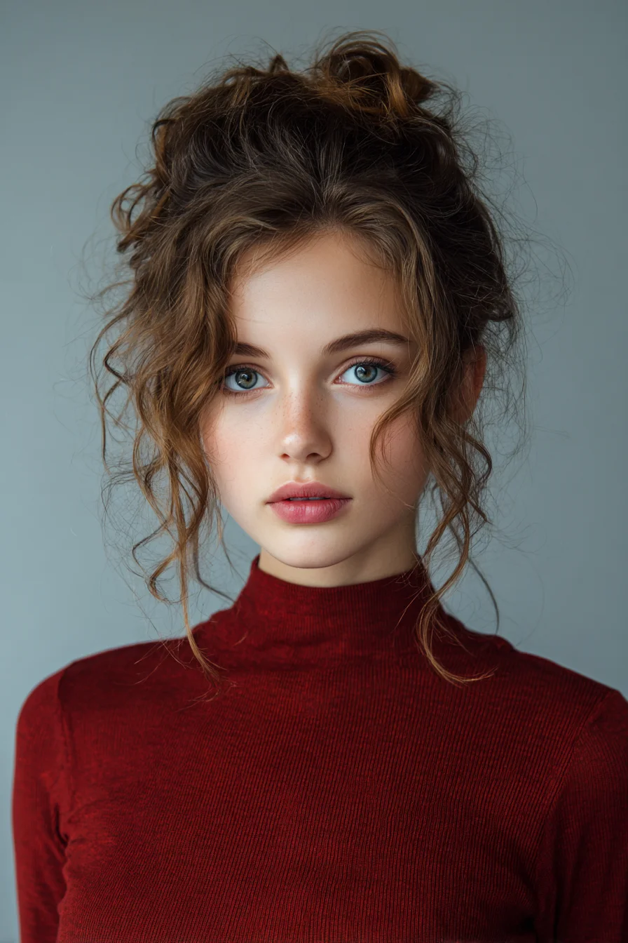 Textured Messy Curly Updo with Soft Face‑Framing Tendrils