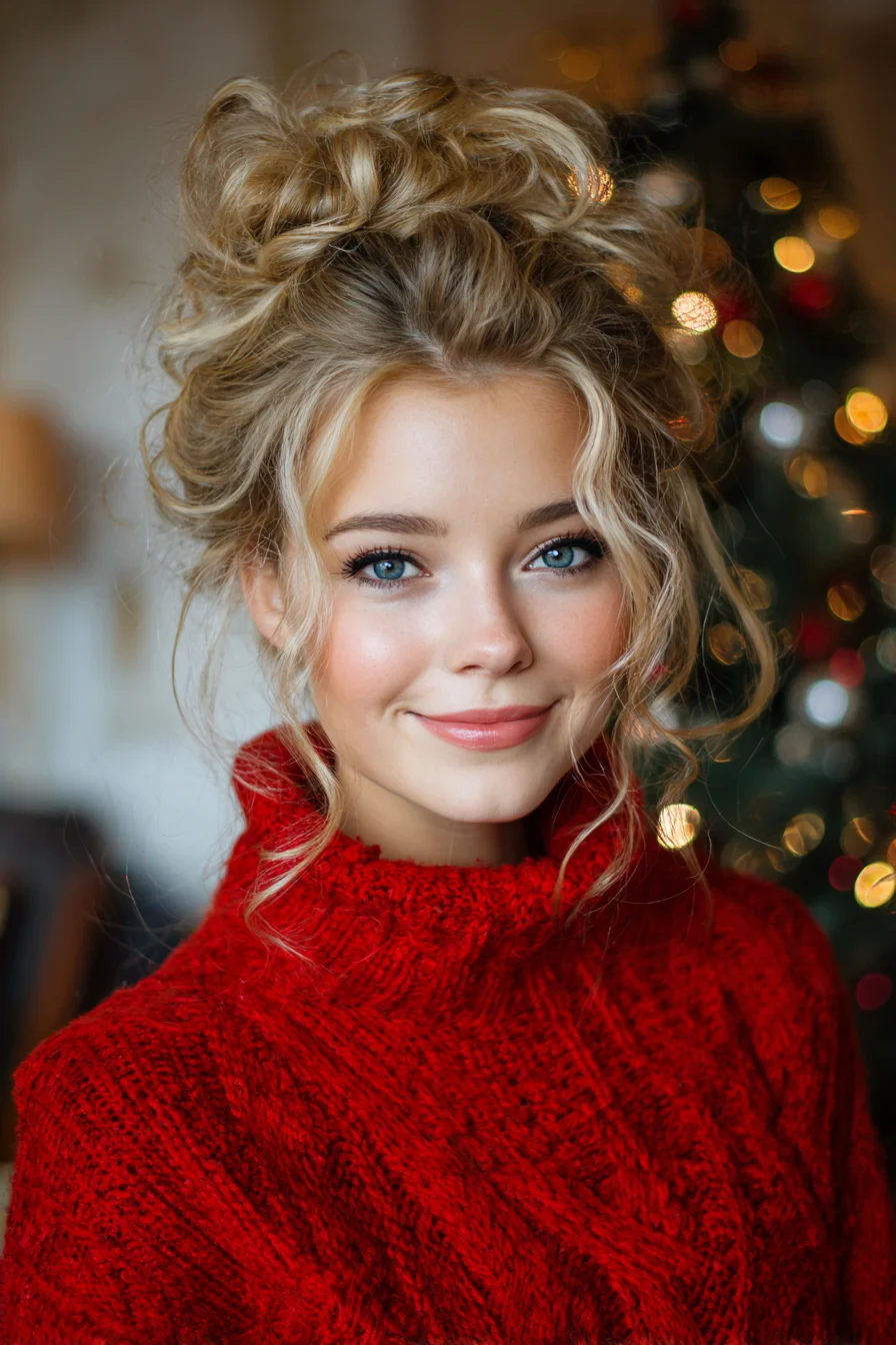 Textured Messy High Bun with Face‑Framing Loose Tendrils
