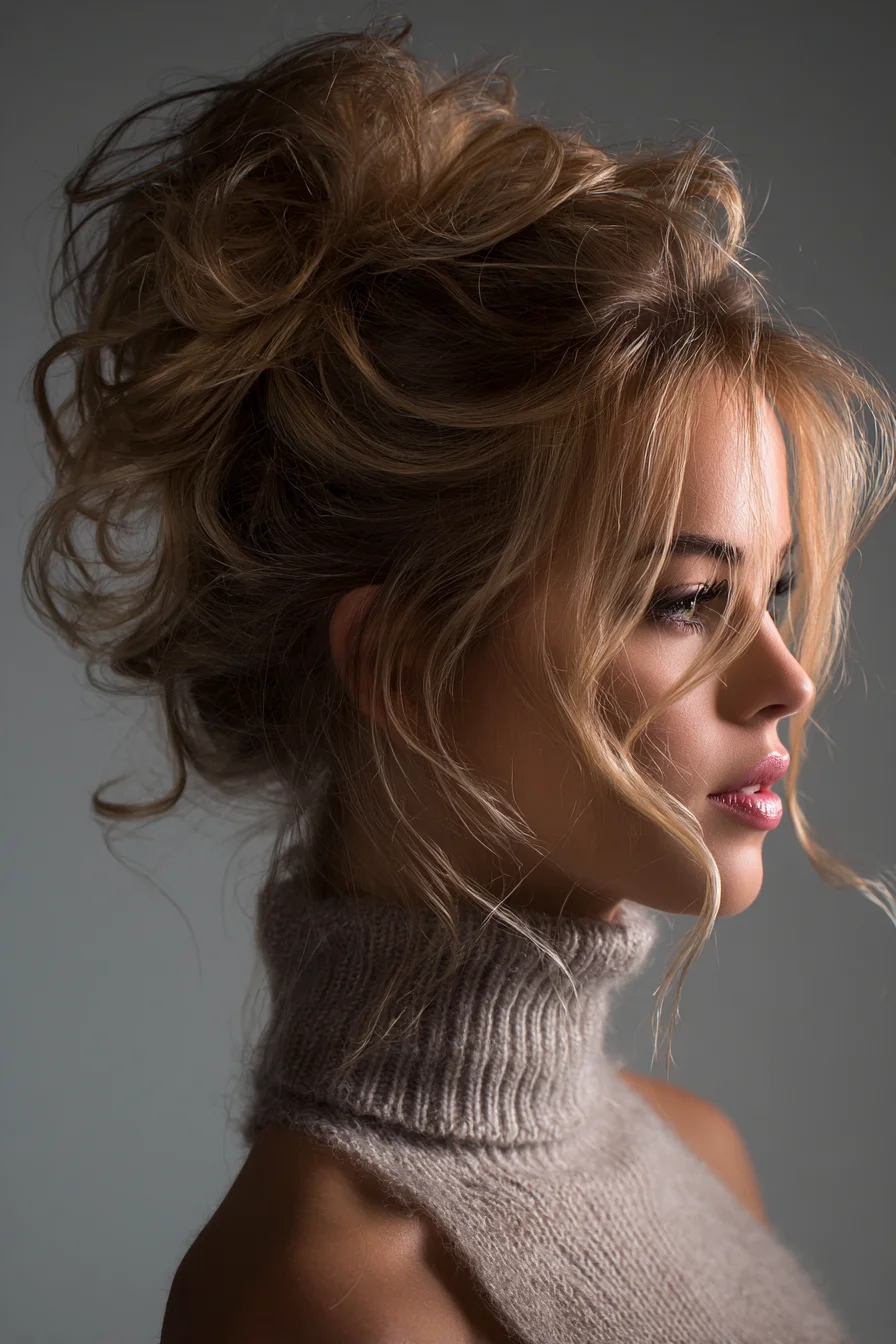 Textured Messy High Updo with Face‑Framing Pieces