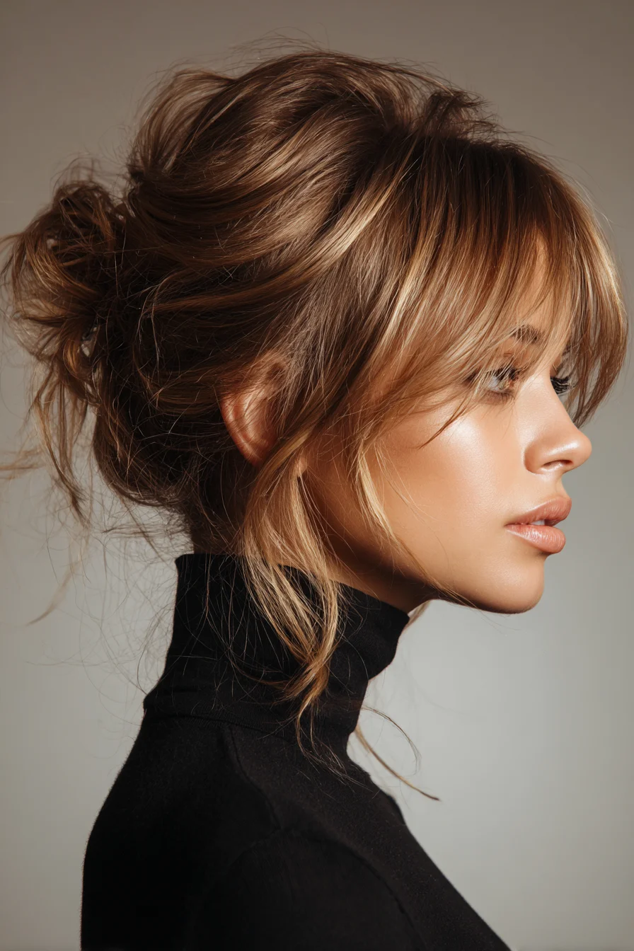 Textured Messy Low Bun with Curtain Bangs