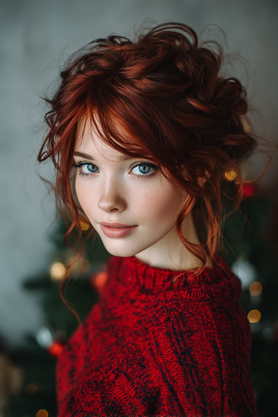 Textured Messy Updo with Face‑Framing Curls — Romantic Red Hairstyle