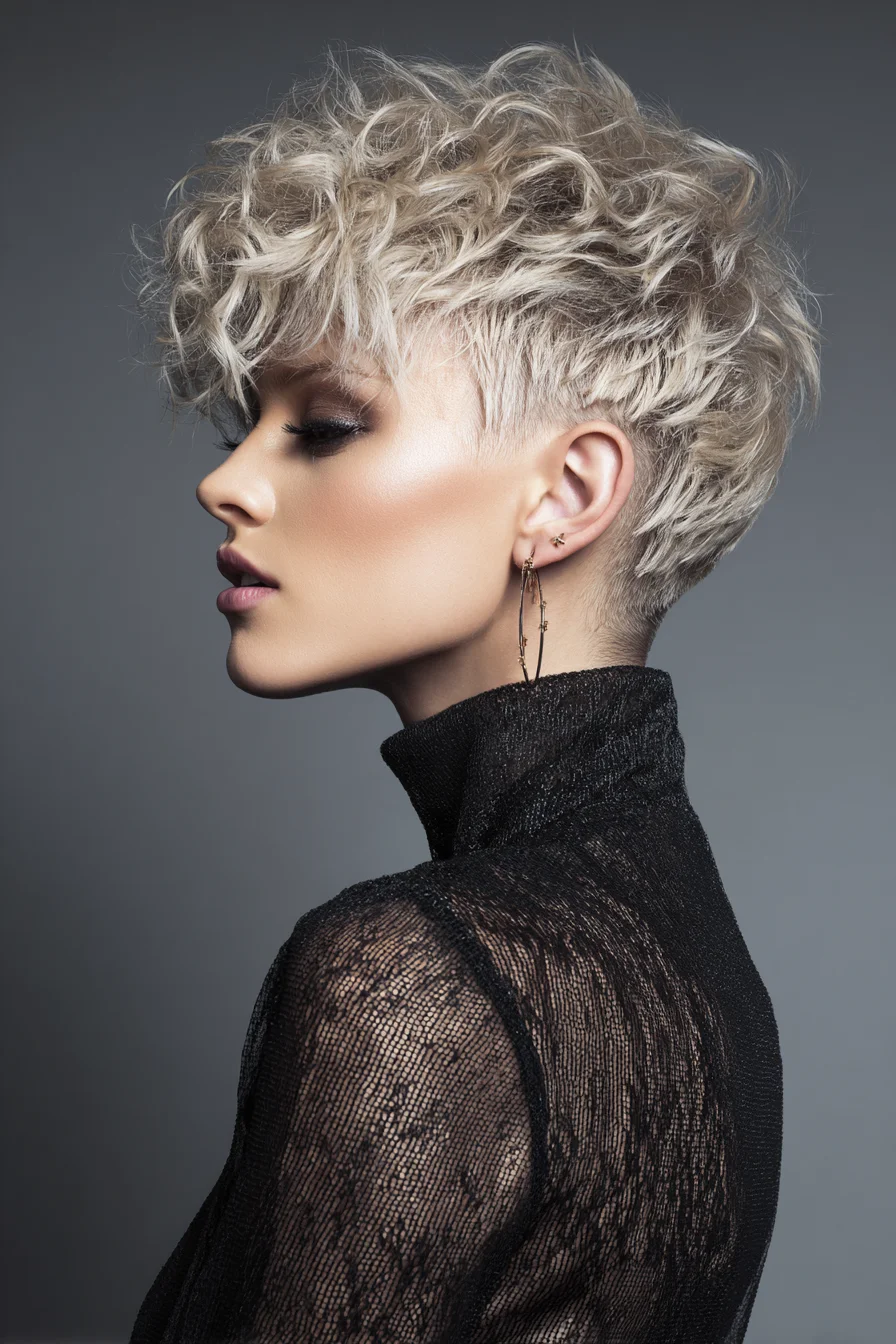 Textured Platinum-Blonde Pixie Cut with Tousled Curls