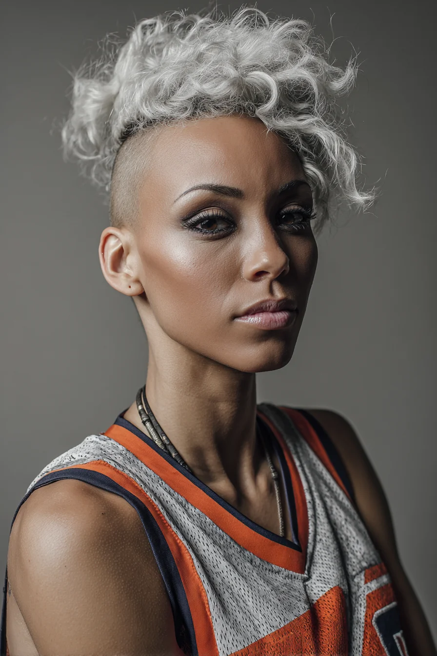 Textured Platinum Curly Faux-Hawk with Undercut Fade