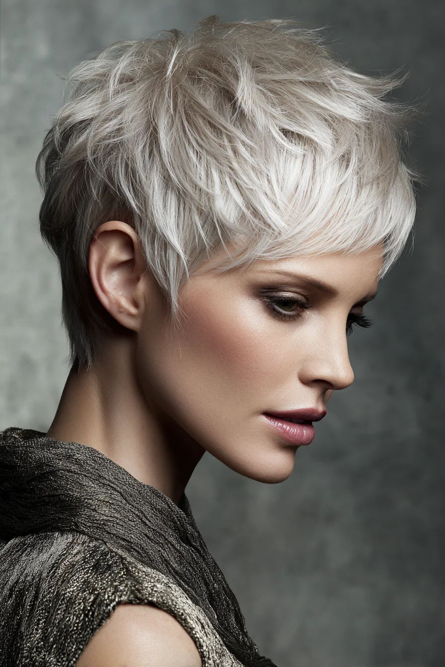 Textured Platinum Pixie with Choppy Layers and Micro-Bang