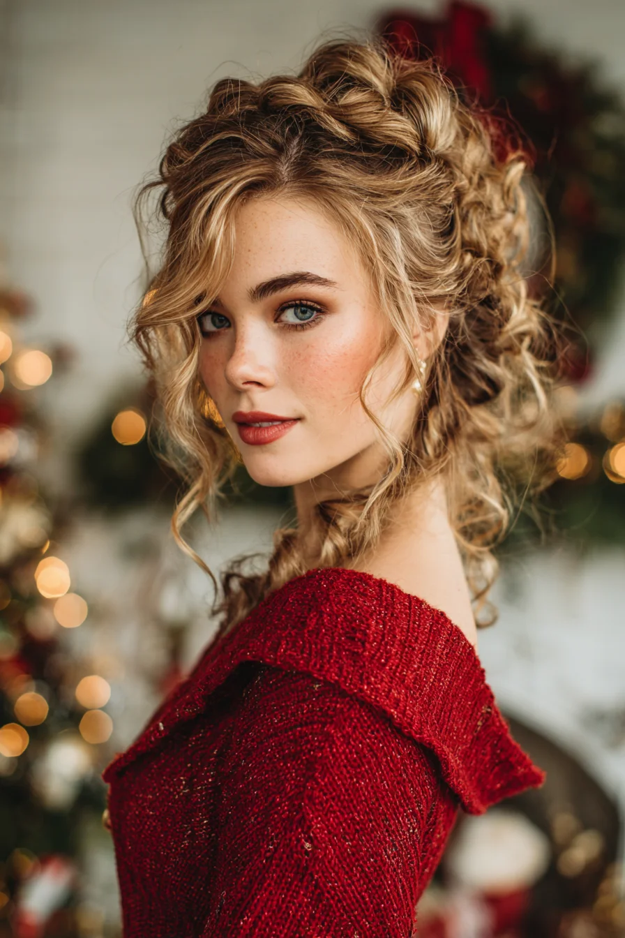 Textured Romantic Curly Updo with Face‑Framing Tendrils