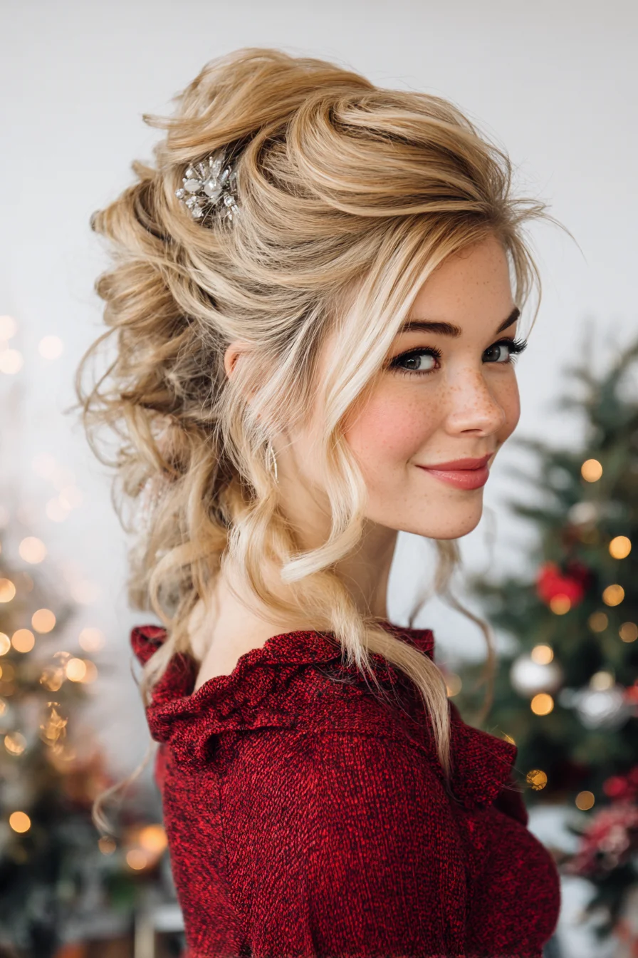 Textured Romantic Half-Up Curly Updo with Face‑Framing Tendrils