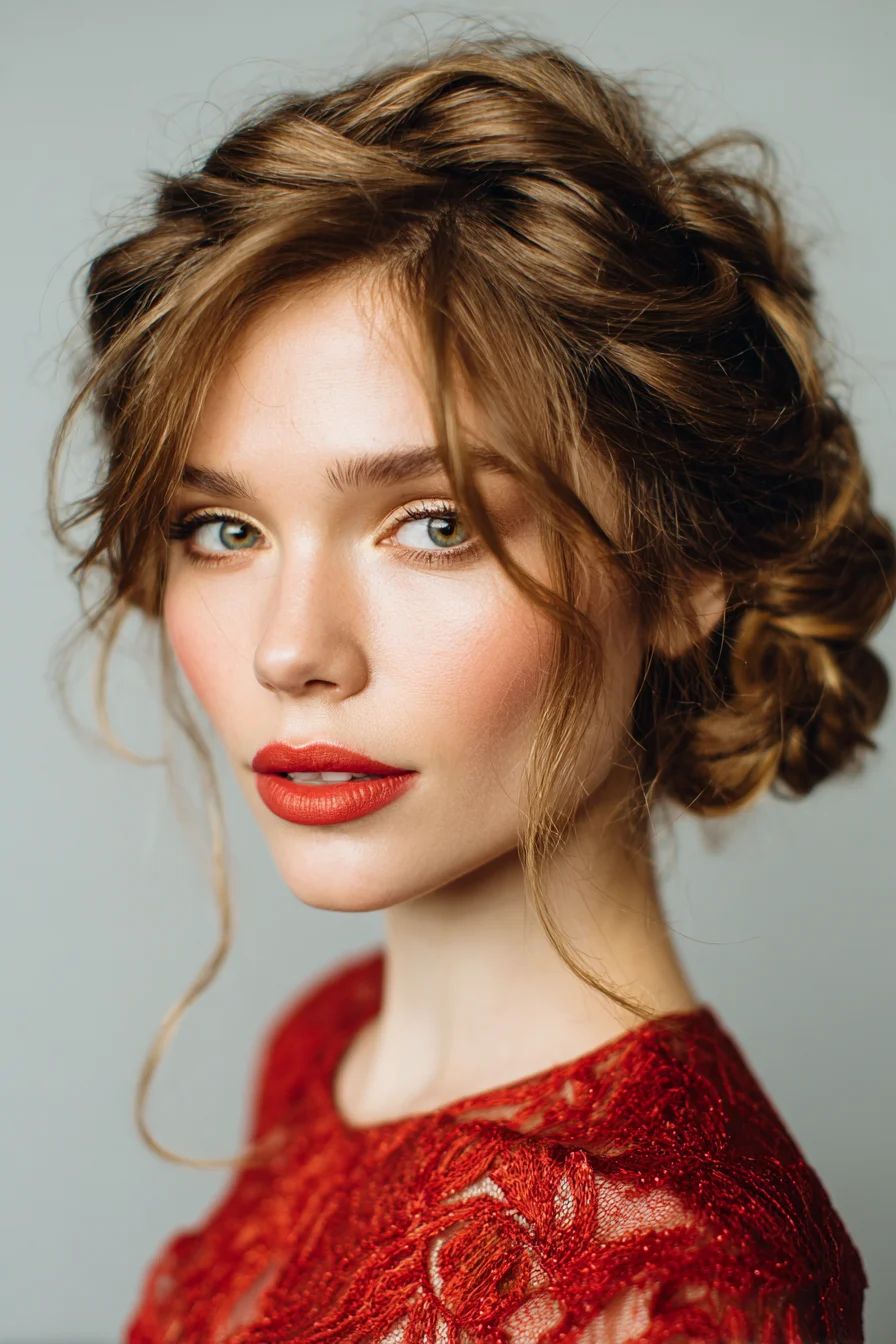 Textured Romantic Low Updo with Face‑Framing Tresses