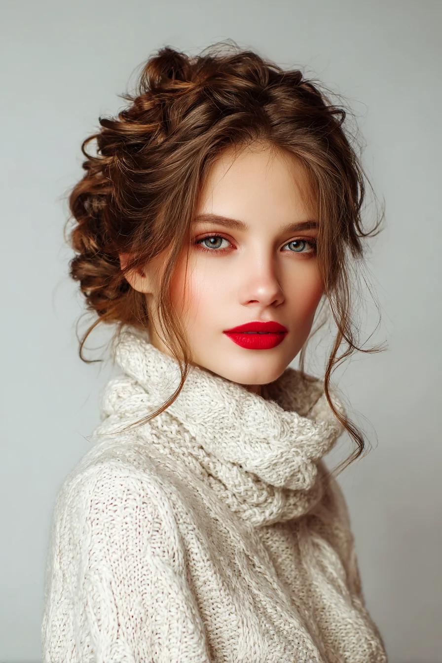 Textured Romantic Messy Updo with Face‑Framing Tendrils