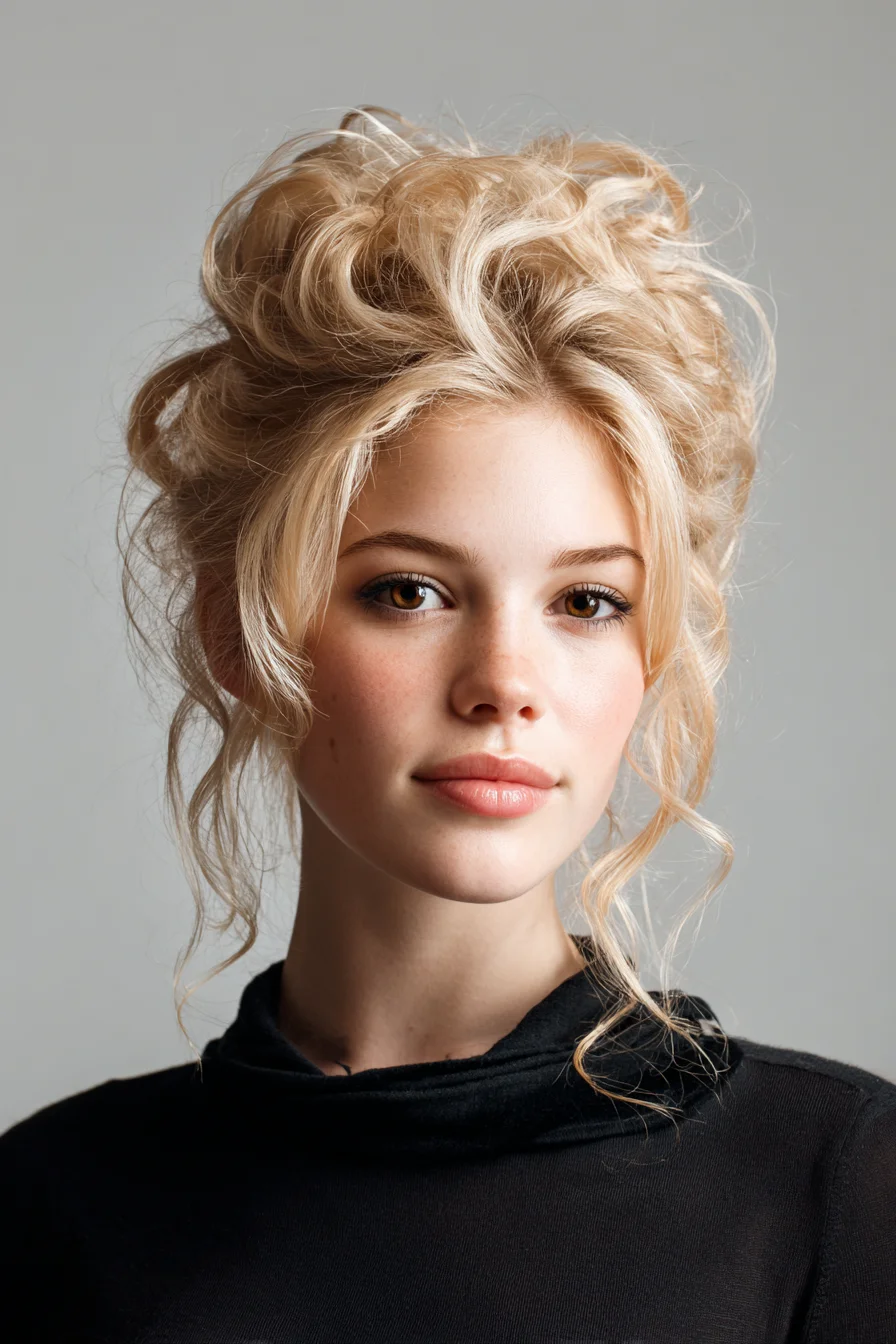 Textured Romantic Messy Updo with Face‑Framing Tendrils