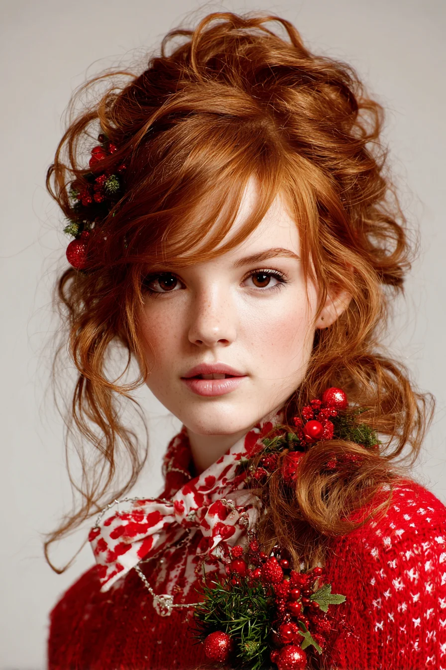 Textured Romantic Red Updo with Loose Face‑Framing Tendrils