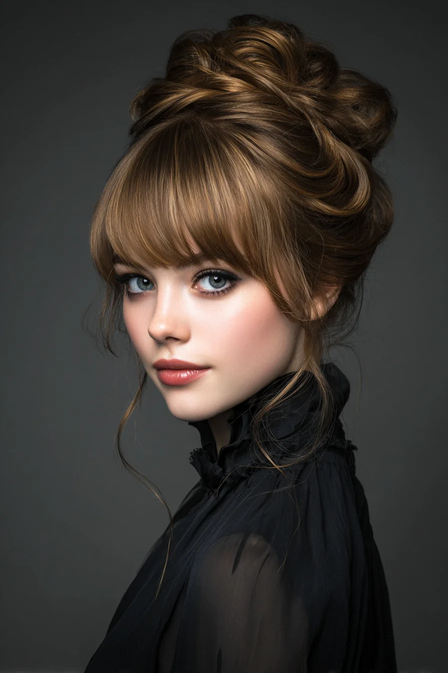 Textured Romantic Updo with Blunt Fringe and Face-Framing Tendrils
