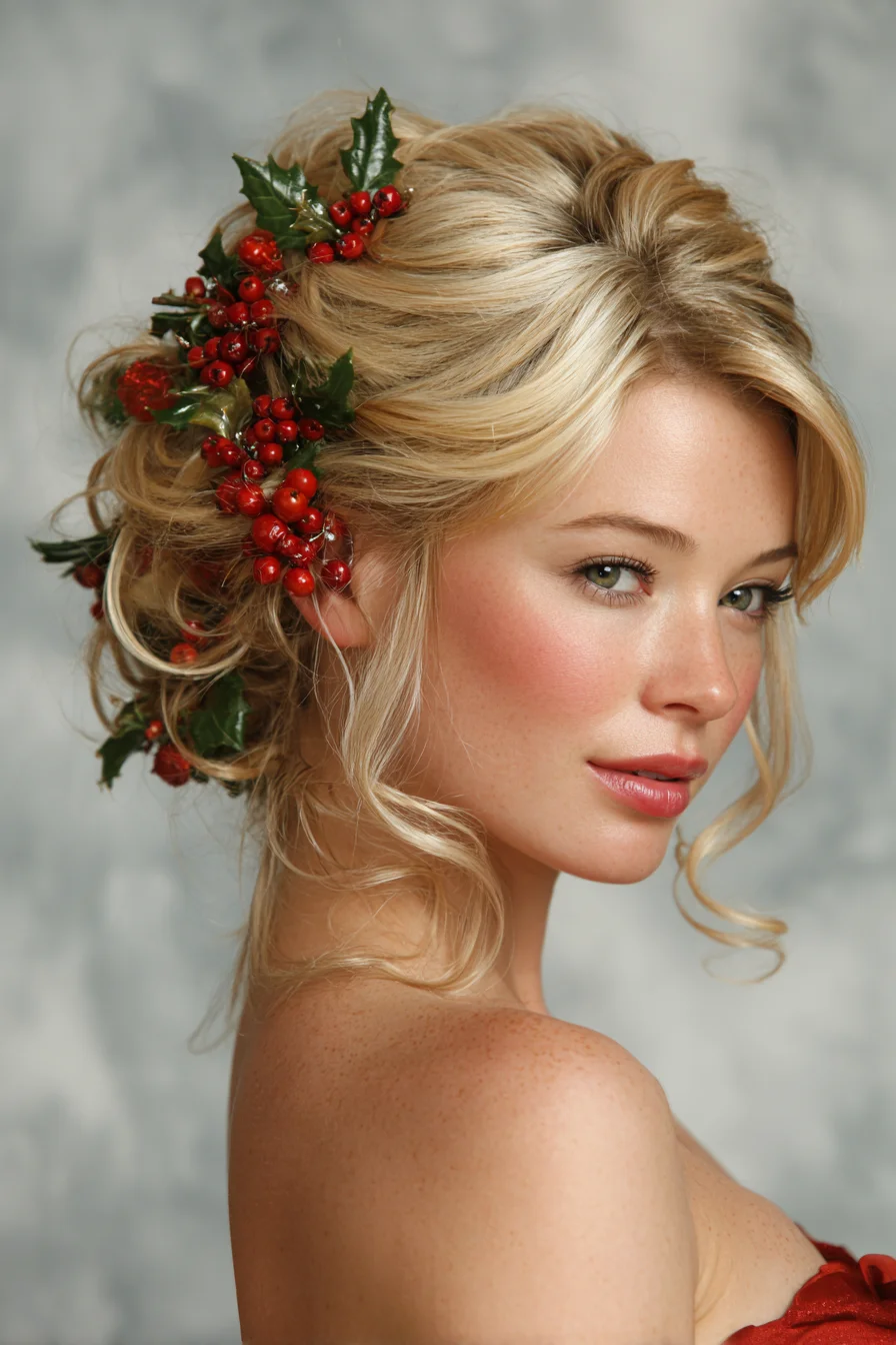 Textured Romantic Updo with Loose Curls and Berry Accent