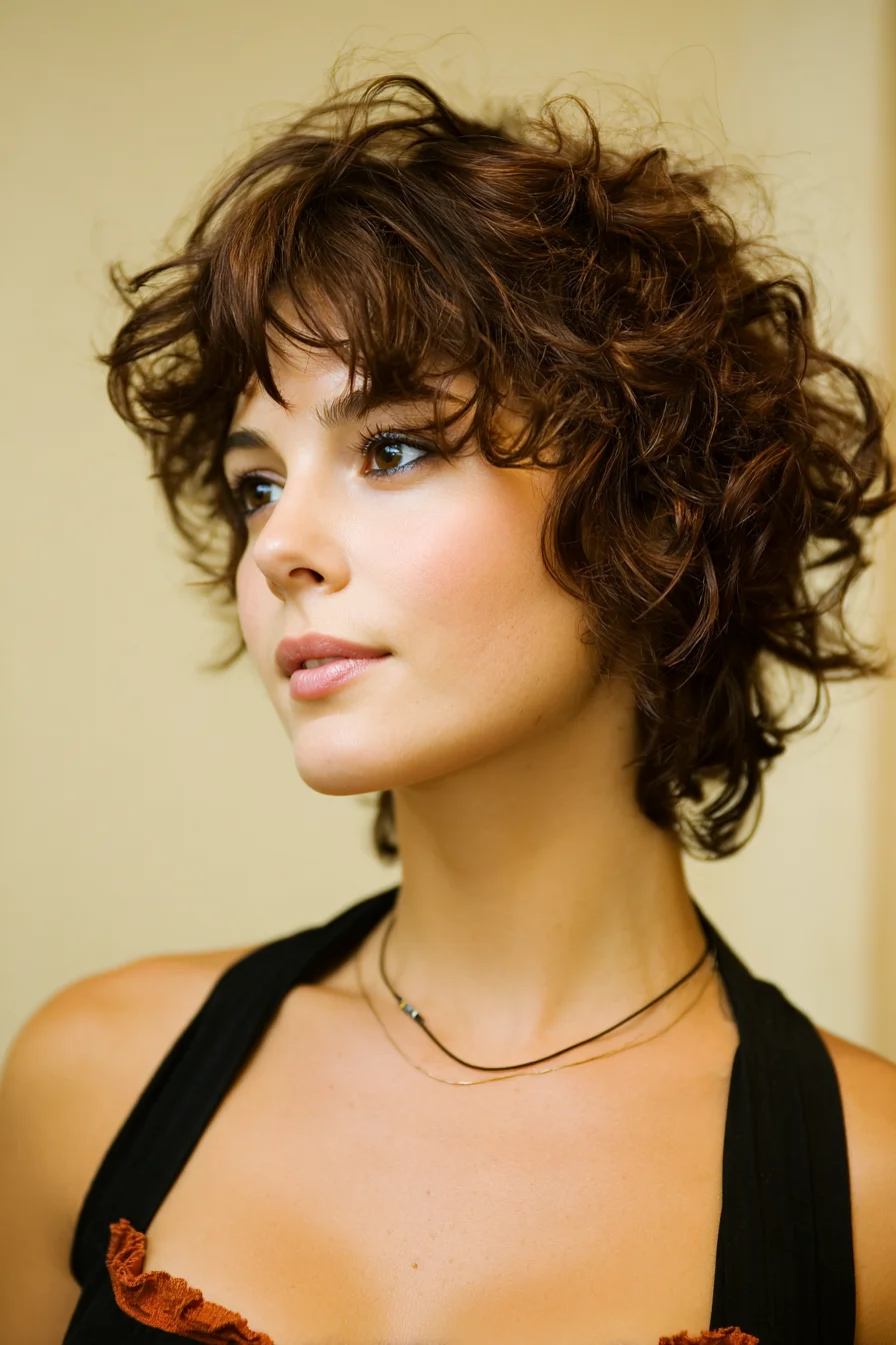 Textured Short Curly Shag with Wispy Bangs