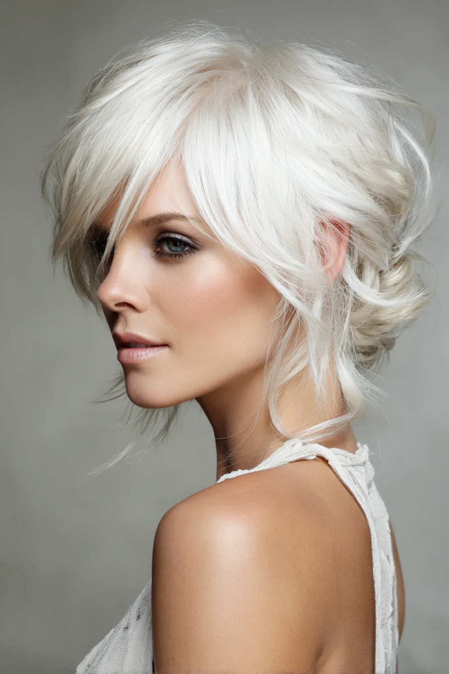 Textured Short Layered Bob with Side-Swept Fringe — Platinum White