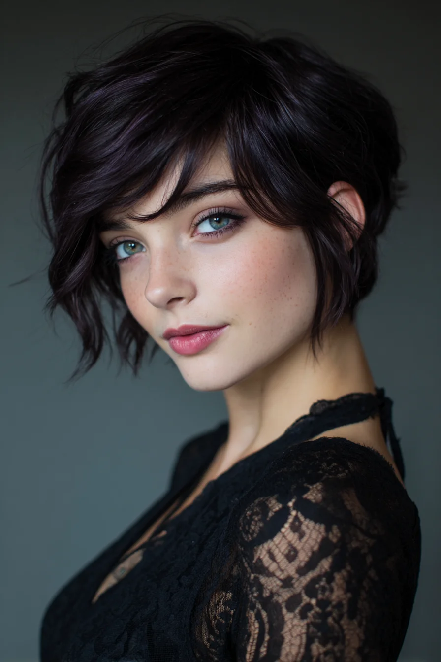 Textured Short Layered Pixie-Bob with Side-Swept Fringe