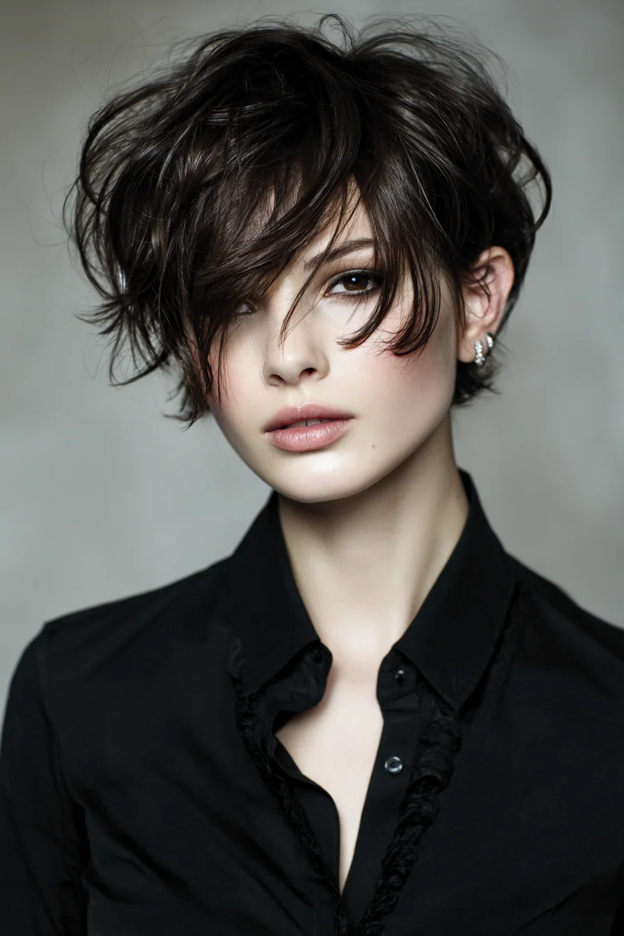 Textured Short Pixie with Long Side-Swept Fringe