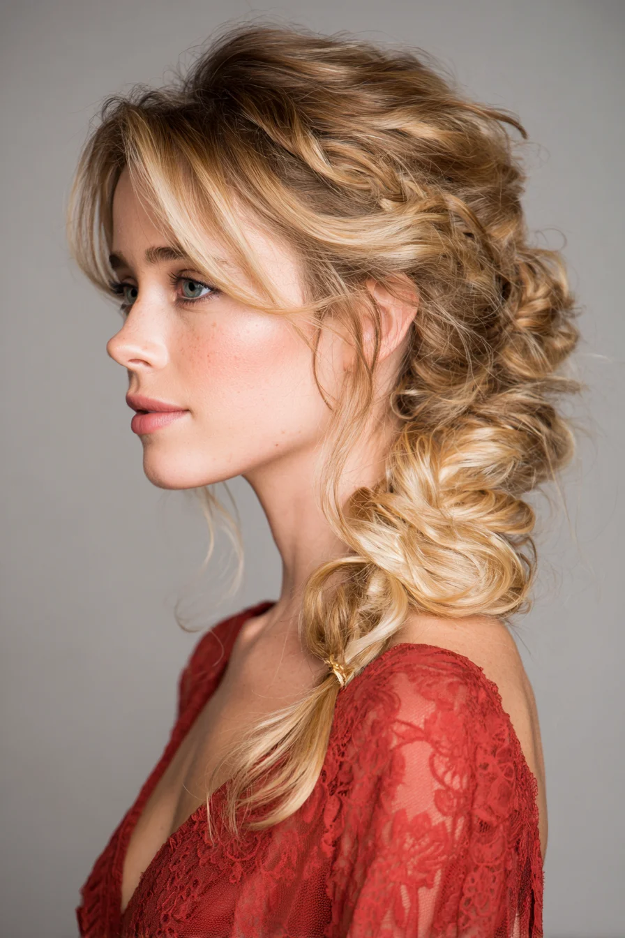 Textured Side Bubble Braid with Loose Romantic Waves
