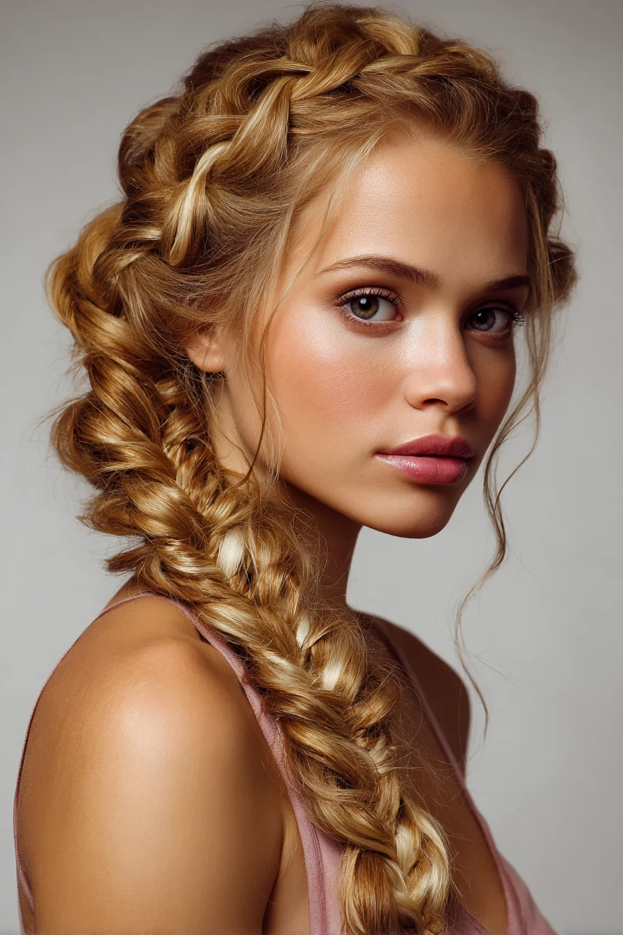 Textured Side Fishtail and Dutch Crown Braid with Loose Tendrils