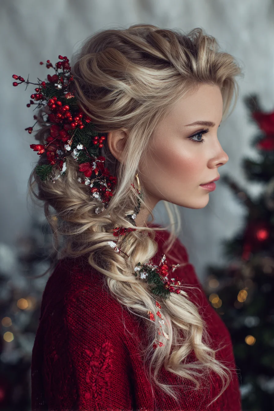 Textured Side Fishtail Braid with Holiday Floral Accents