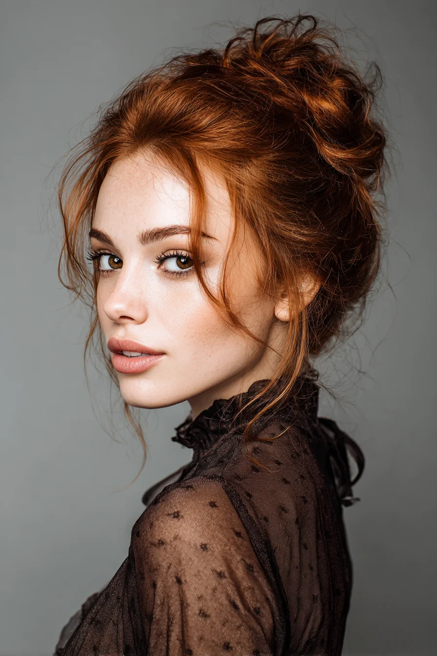Textured Tousled High Bun Updo with Face‑Framing Tendrils