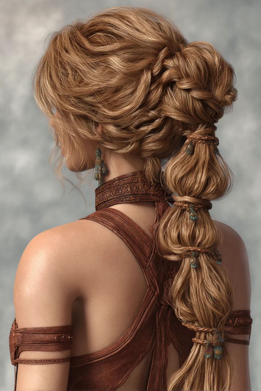 Textured Twisted Crown with Braided Bubble Ponytail — Medium to Long Hair