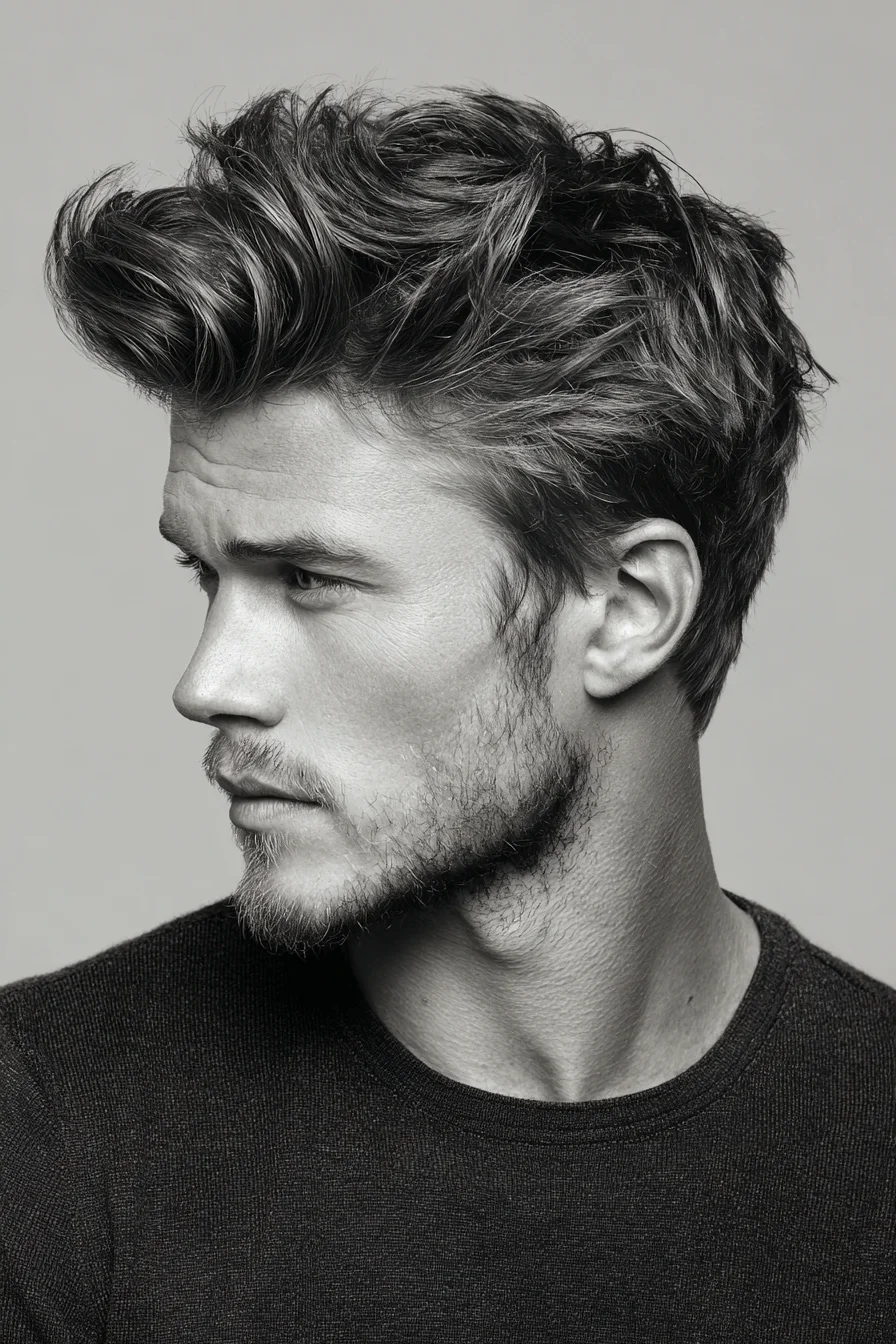 Textured Voluminous Quiff - Medium-Length Top with Short Sides