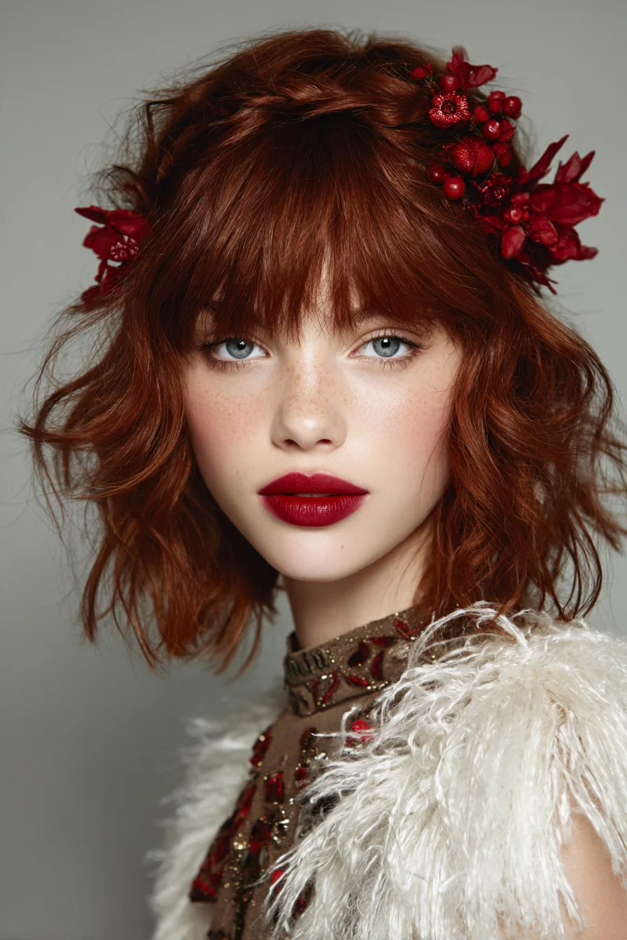 Textured Wavy Bob with Blunt Fringe and Floral Accents