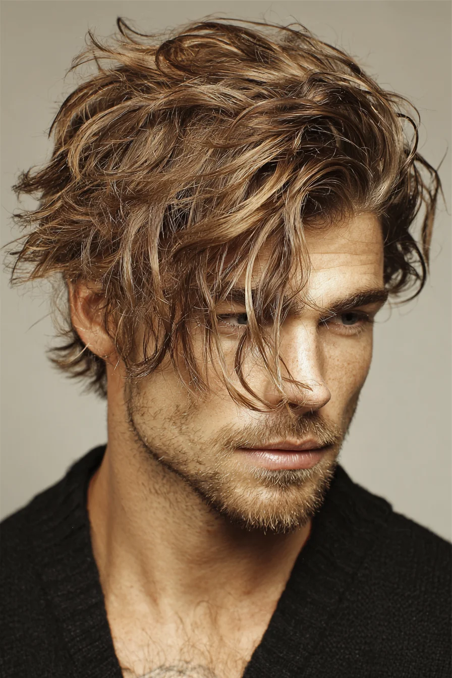 Textured Wavy Medium-Length Men’s Cut with Tousled Fringe