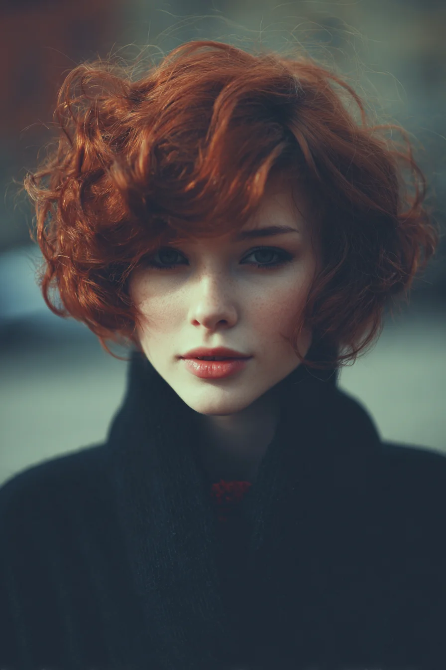 Textured Wavy Red Bob with Side-Swept Fringe