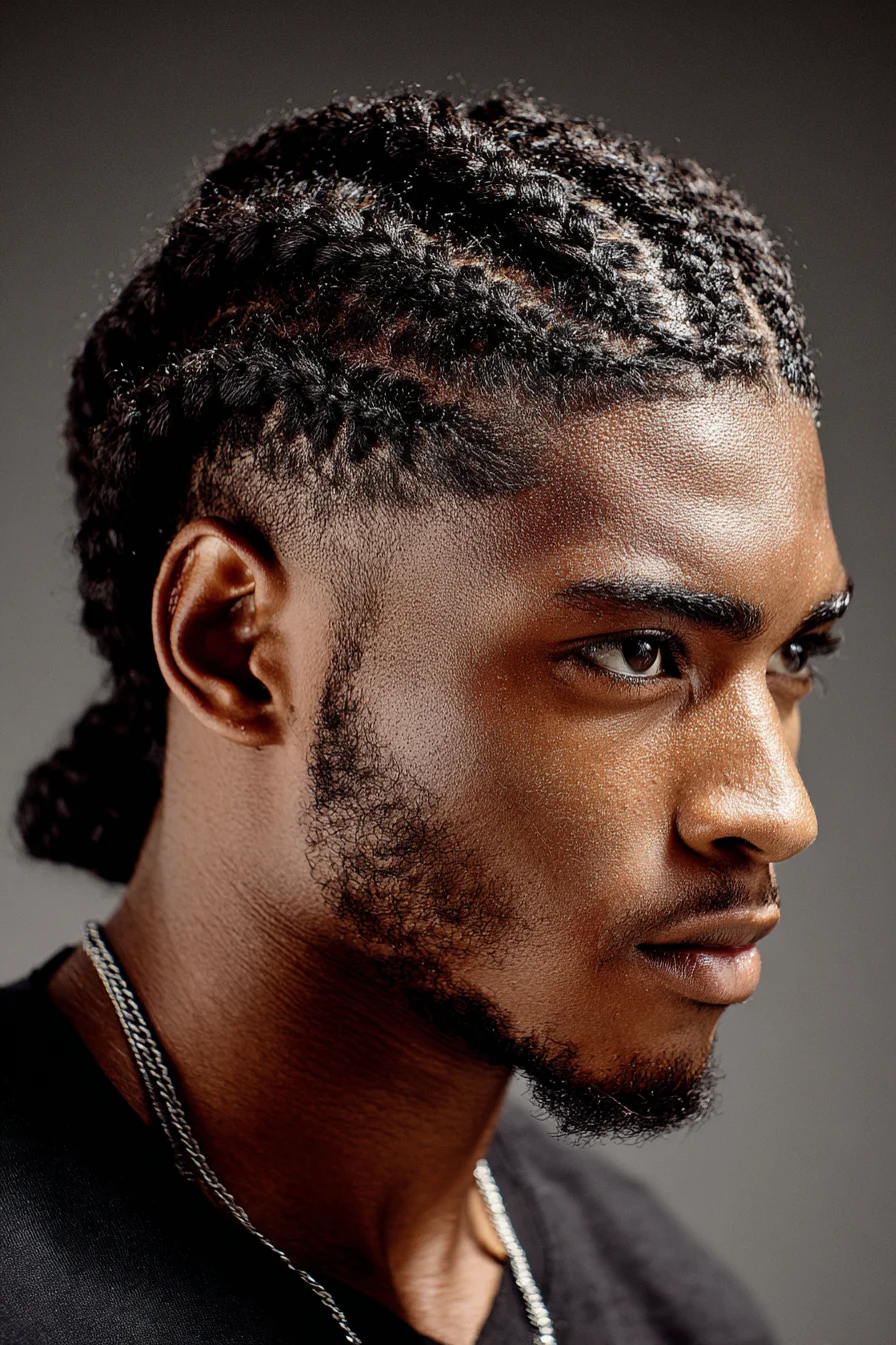 Tight Cornrows into Low Braided Bun with Clean Taper Fade